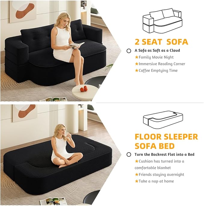 2 in 1 Convertible Compressed Sofa Bed 51.2'' Modern Boneless Loveseat Sleeper in a Box Floor Mattress Futon Couch No Assembly Needed Space Saving Black 2 Pillows &amp Blanket Full for Home