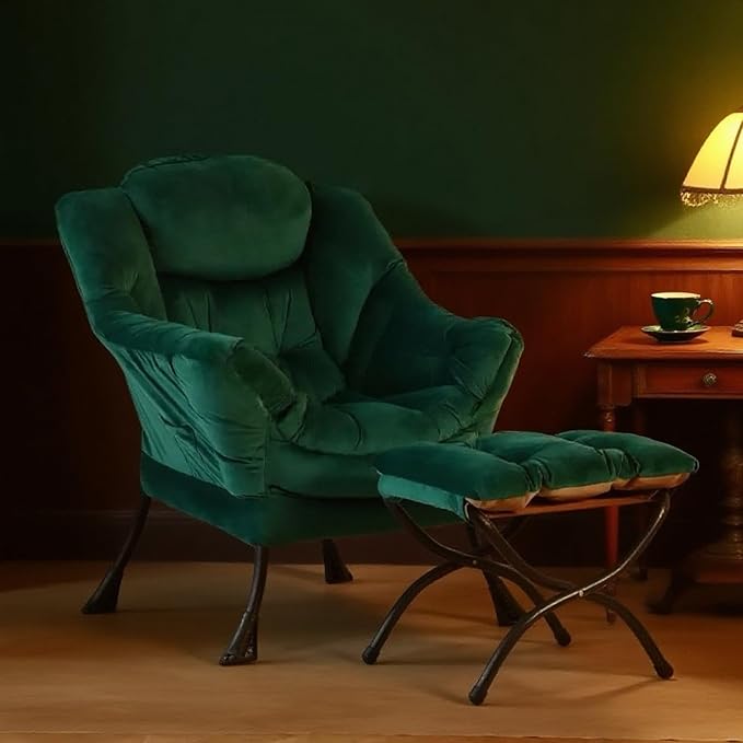 Tiita Lazy Chair with Ottoman Green Modern Large Accent Chair Comfy Leisure Sofa Armchair with Ottoman Reading Chair with Footrest for Bedroom Living Room Dorm Rooms Velvet Green