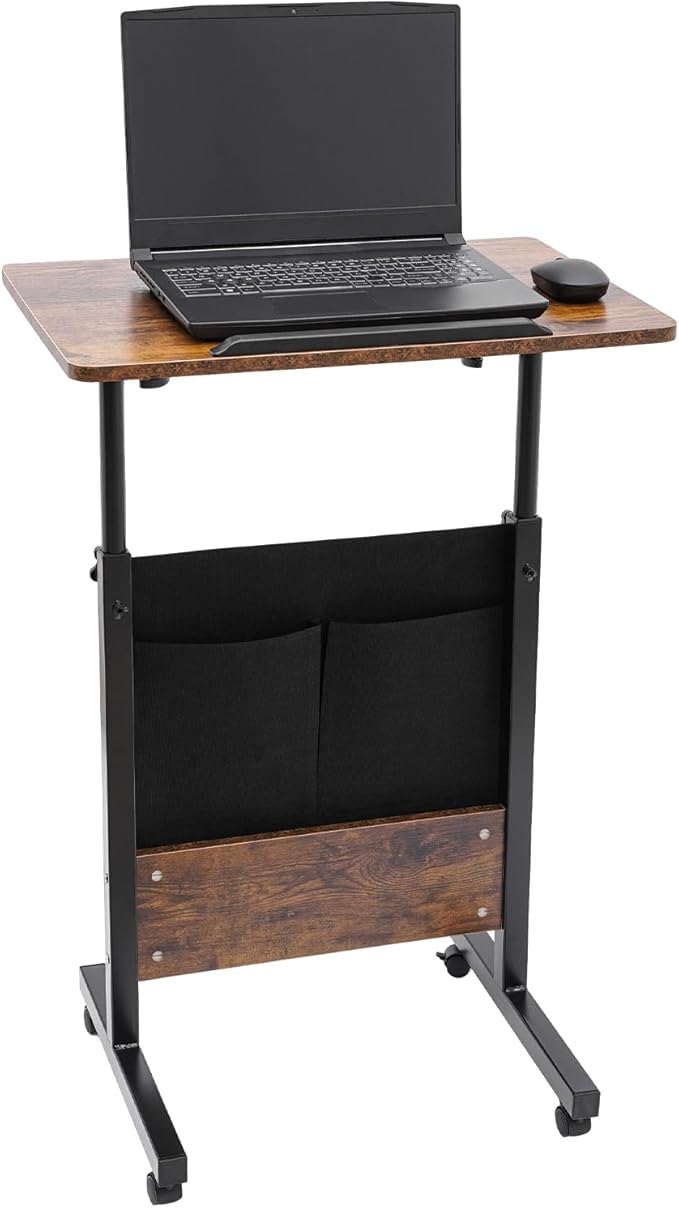 Standing Desk Adjustable Height and Tilt Angle 24x16 Portable Mobile Laptop Desk Rolling Computer Stand with Storage Bag and 360° Swivel Wheels for Small Spaces and Home Offices (Brown)