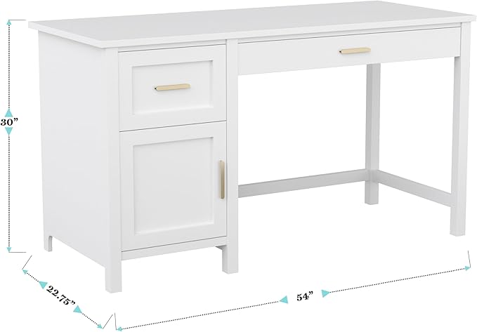 Martha Stewart Hutton Shaker Style Home Office Desk with Storage in White with Polished Brass Hardware