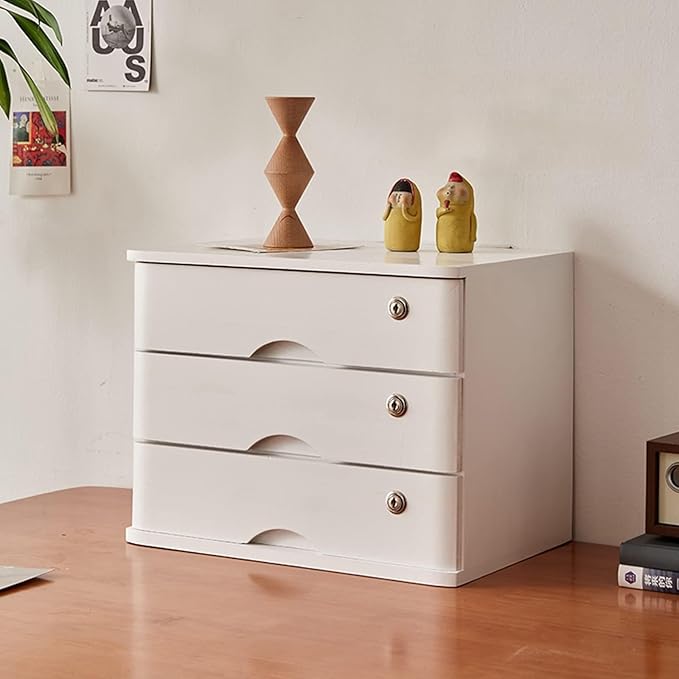 Desktop File Cabinet - Desktop Organizer Storage Box Desktop Drawer Cabinet with Lock 1/2/3/4 Tier Wooden Flat File Cabinet Storage Desktop Storage Cabinet/Data Cabinet (E 3 Drawer)