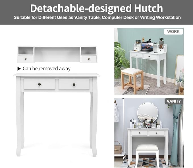 Byroce Small Writing Desk with Removable Hutch 2-Tier Vanity Table with 4 Drawers 3 Cubbies &amp Pine Wood Legs Study Computer Desk for Bedroom Home Office (White)