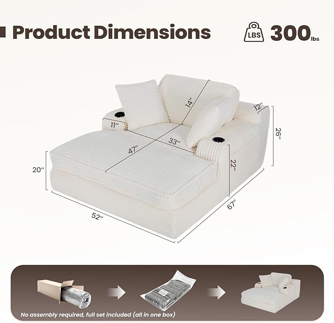 67 Chaise Lounge Chair Indoor Cozy Oversized Fluffy Sofa with Cup Holders &amp Throw Pillows Boneless Sleeper Cloud Couch for Living Room Movie Room and Apartments Beige