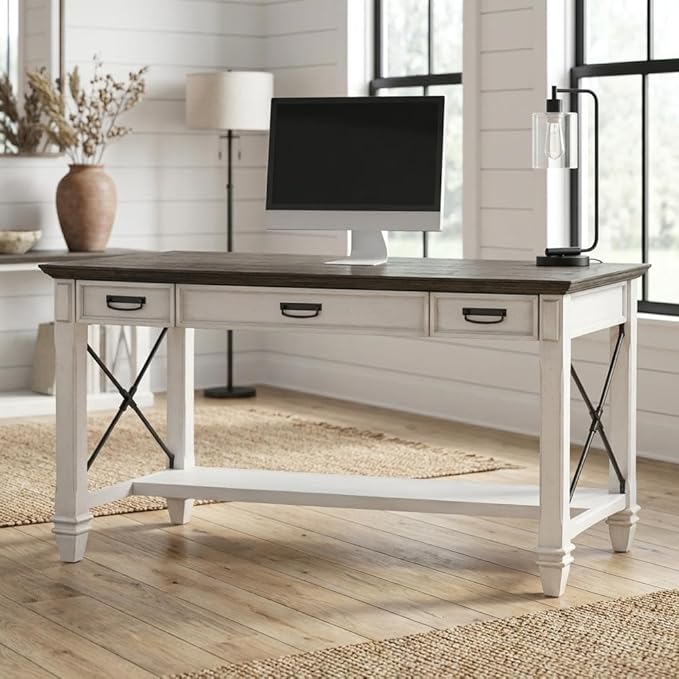 White Wood Writing Desk with Three Utility Drawers Built-in Power Center Charging Shelf and Spacious Home Office Work Surface