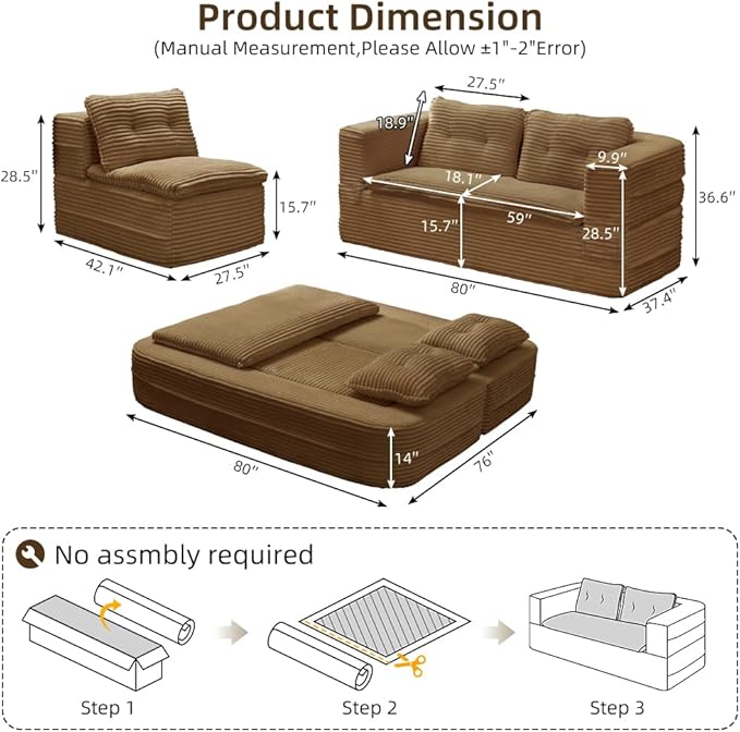 80 Convertible Sectional Sofa Bed with Independent Chaise Lounge and Functional Blanket Multi-Functional Corduroy Boneless Couch Foldable Futon Sleeper Sofa with Deep Seat Brown