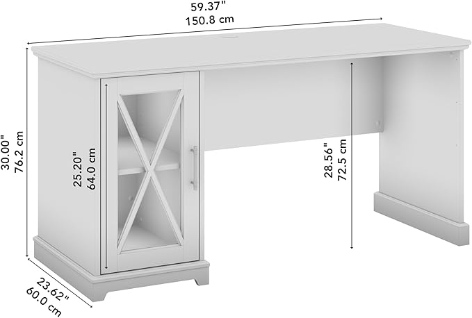 Bush Furniture Lennox 60W Farmhouse Desk with Storage Cabinet in Linen White Oak | Computer Table for Home Office Workspace