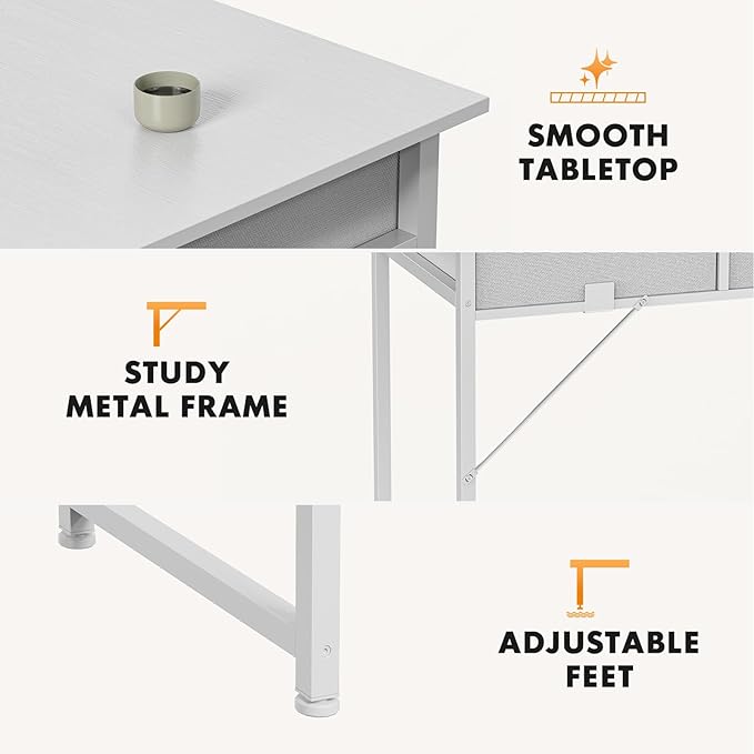 Sweetcrispy Computer Desk Small 32 Inch Home Office Bedroom Writing Study PC Table with Fabric Storage Drawers Space Side Bag Headphone Hook Metal Frame Adjustable Feet Modern Simple Style White Wood