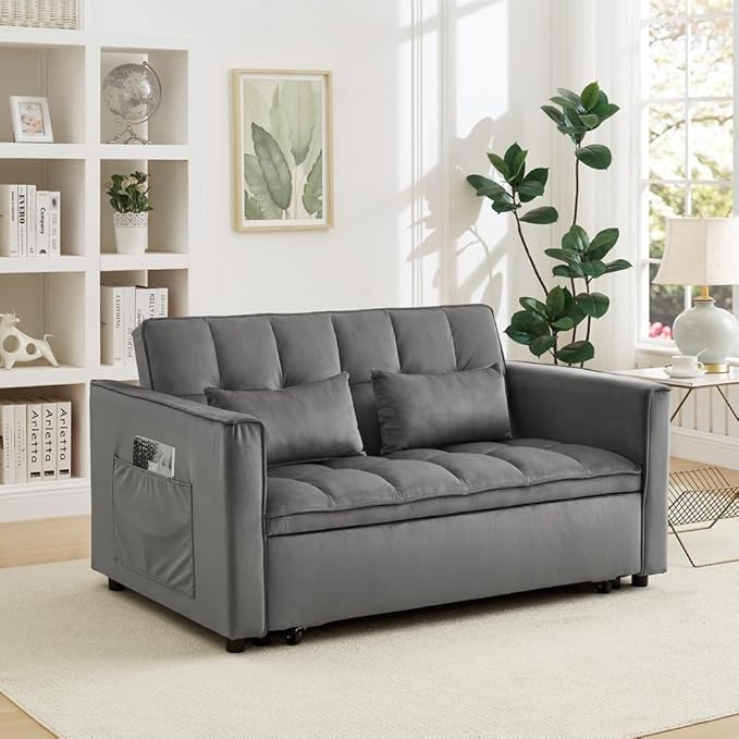 70 3 in 1 Pull Out Couch Loveseat Sleeper Sofa with Side Pockets Convertible Velvet Fabric Sofa Bed for Living Room Bedroom Apartment Easy Assembly Grey