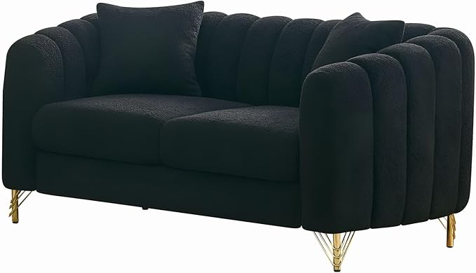 Loveseat Velvet Fabric Two- Seater Couch Buckle Design and Rivet Decoration Deep Seated Double Sofa Suitable for Living Room Bedroom Apartment Hotel etc (black-06)
