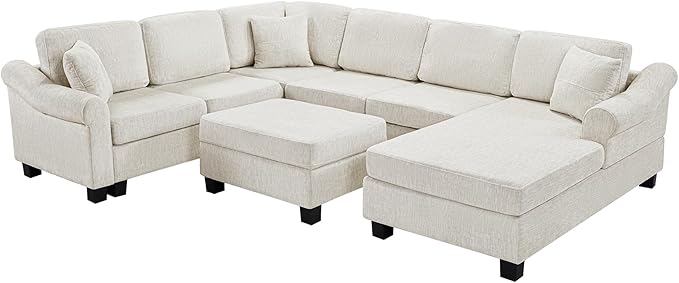 P PURLOVE Sectional Sofa Velvet Large Sectional Sofa with Right Side Chaise Wide Chaise Lounge Couch with Ottoman for Living Room (White)