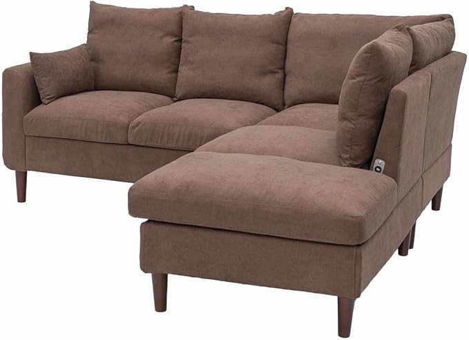 Panana 5 Seater Corner Sofa L Shaped Couch Upholstered Sectional Setee wth Built-in USB Charging Port Chaise (Brown Linen 5 Seater Corner Sofa with Built-in USB Port Chaise)