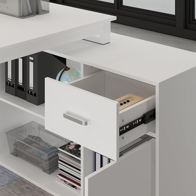 Hitow Reversible Office Desk with Storage Cabinet Executive Computer Desk Writing Table Rotatable to 96.4 Wide or as L Shape Desk Metal Legs Corner Workstation for Home Office White