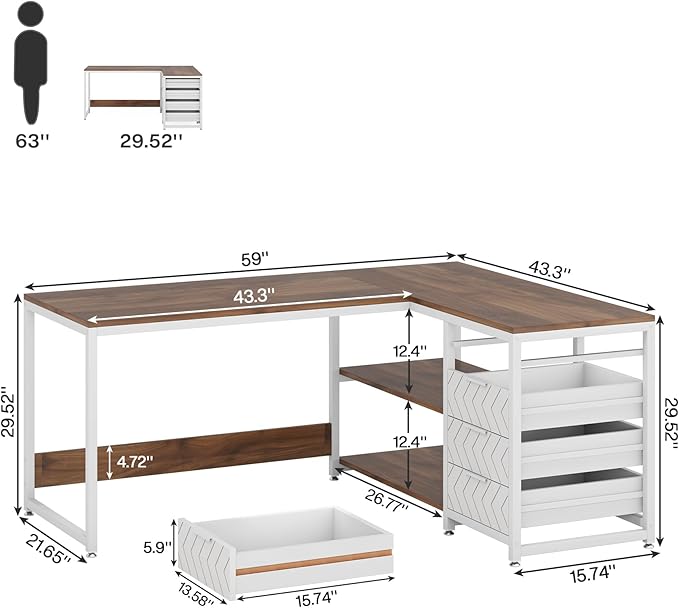 Tribesigns L Shaped Computer Desk with Storage Drawers 59 inch Corner Desk with Shelves Reversible L-Shaped Office Desk Study Writing Table Workstation for Home Office Walnut &amp White