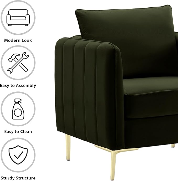 Modern Accent ChairSoft Frosted Velvet Armchair Upholstered Accent Chair with Meatl LegsComfy Singel Reading Sofa Chair with Wide Armrests for Living RoomBedroomReading Room (Olive)