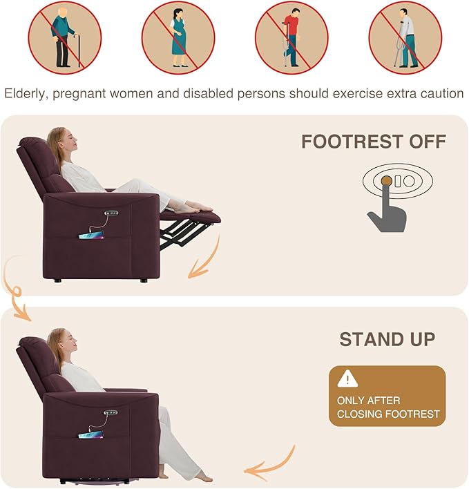Power Recliner Chair Reclining Chair PU Leather Small Recliners for Small Spaces Infinite Position Electric Recliner Chairs for Adults Electric Recliners with USB Port Purple