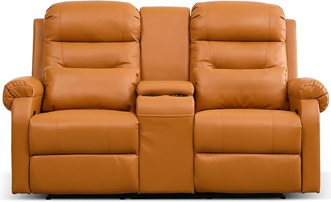 DRMBOOK RV Loveseat Recliner Sofa with Console Faux Leather Double Wall Hugger Reclining Couch Manual Movie Seating 2 Person Recliner Chair with Cup Holders/Storage/Pocket/Lumbar Pillow Orange