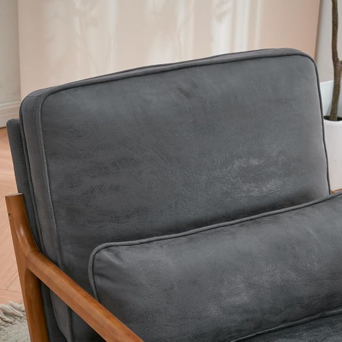 Mid Century Modern Accent Chairs Single Linen Lounge Reading Armchair with Solid Wood Frame Easy Assembly Arm Chairs for Living Room-Dark Grey