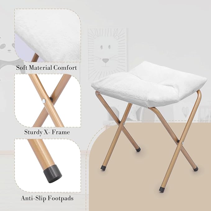 Athena Collection Round Saucer Chair with Ottoman Set of 2 for Adults Oversize Comfy Cozy Faux Fur Folding Reading Chair with Metal Leg Lazy Relaxing for Living Room Bedroom Dorm Apartment White