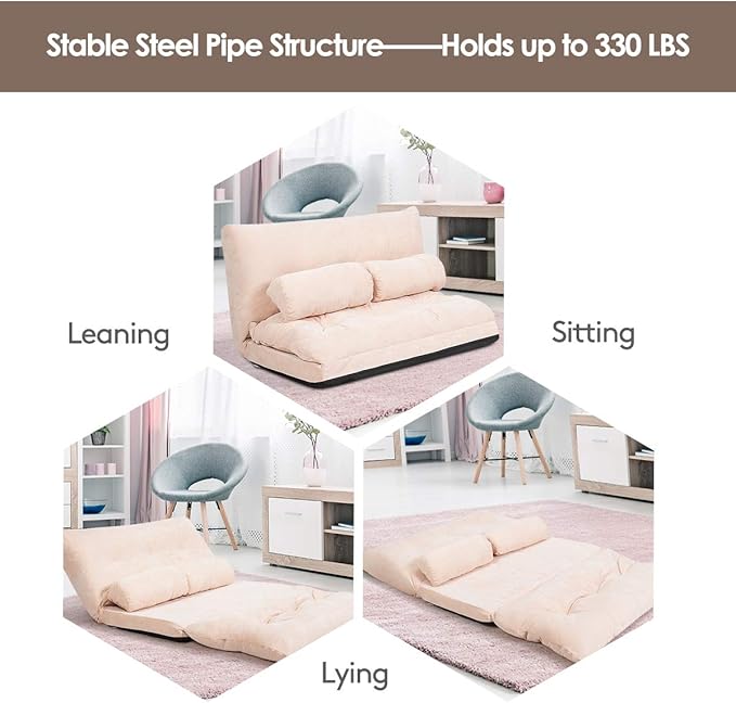 Giantex Adjustable Floor Sofa Couch with 2 Pillows Multi-Functional 6-Position Foldable Lazy Sofa Sleeper Bed Multi-Functional Suede Floor Seating for Reading Gaming (Beige)