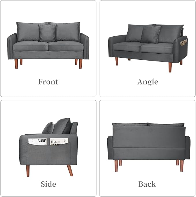 56.1 Round Arm Velvet Loveseat with Side Pockets and a Square Pillow (Grey) | Side Storage Pockets Pillow Included
