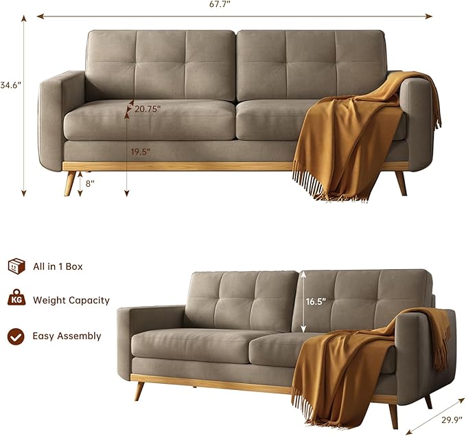 67.7” Loveseat Sofa Mid Century Modern Decor Love Seat Couches for Living Room Button Tufted Upholstered Small Couch for Bedroom Solid and Easy to Install Furniture (Light Grey 67.7inch)
