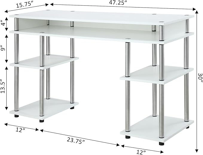 Convenience Concepts Designs2Go No Tools Student Desk 47.25 - Contemporary Office Dorm Room Desk and Vanity with Storage Shelves White