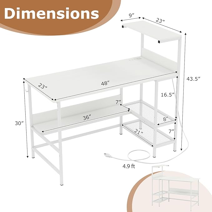 Giantex 48 Computer Desk with Charging Station Reversible Writing Desk with Storage Shelves &amp Headphone Hook Small Gaming Desk Industrial Computer Workstation for Home Office (White)