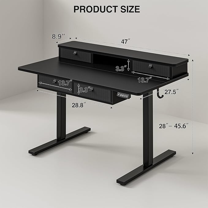 Grandder 47 x 28 inch Electric Standing Desk with 4 Drawers Sit Stand Up Desk Adjustable Height with Storage Shelf for Home Office Ergonomic Adjustable Desk with Splice Board Black