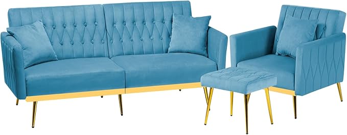 2 Pieces Velvet Sofa Set with Adjustable Armrest and Backrest 70” Convertible Futon Sofa Bed &amp Mordern Accent Chair with Ottoman for Living Room Bedroom Baby Blue
