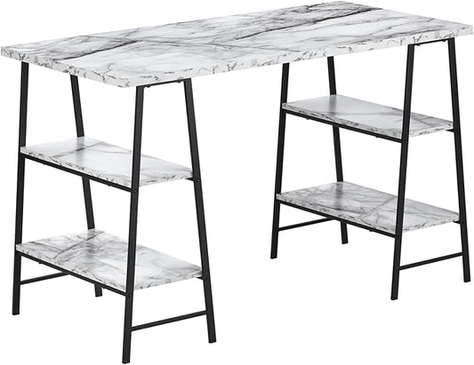 Computer Desk Home Office Laptop Storage Shelves 48 l Work White Marble Look Laminate Black Metal Contemporary Modern UJ769