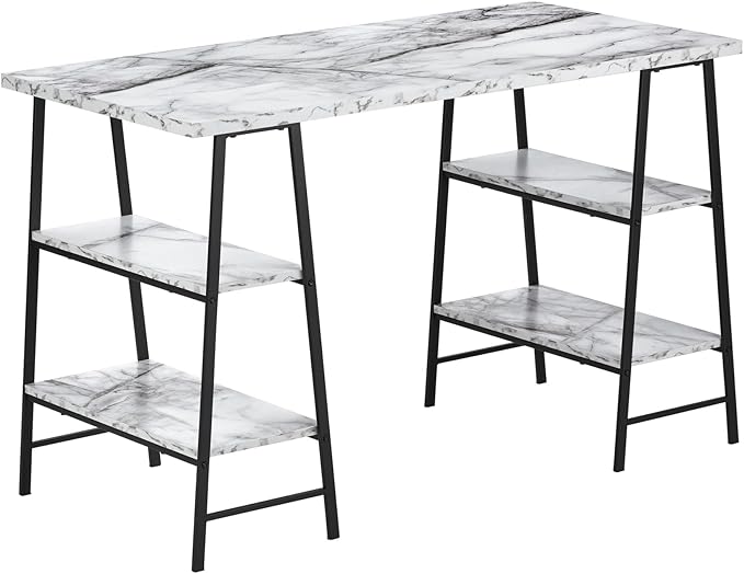Computer Desk Home Office Laptop Storage Shelves 48 l Work White Marble Look Laminate Black Metal Contemporary Modern JJ863
