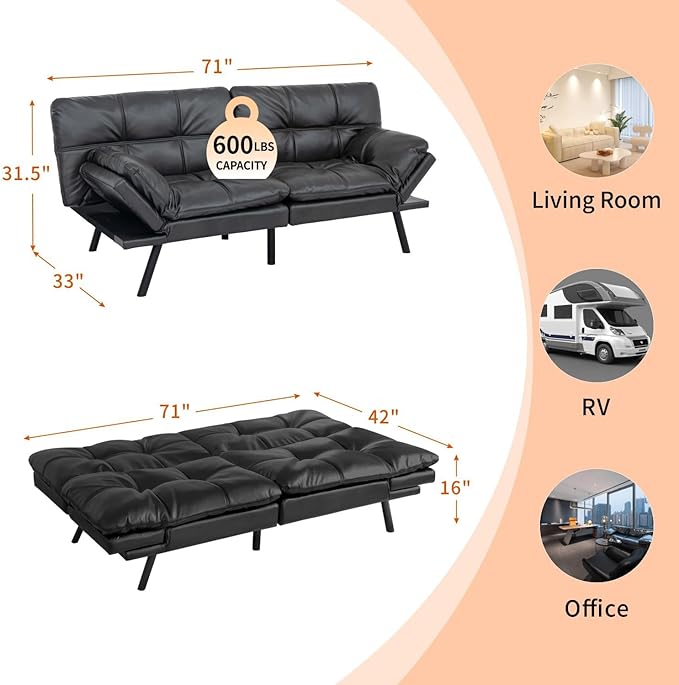 MUUEGM Futon Sofa Bed Convertible Futon Couch Bed Memory Foam Sofa SleeperAdjustable Armrest&ampBackrest Full Size Lounge Couch for Office Apartment Living RoomMatte Black