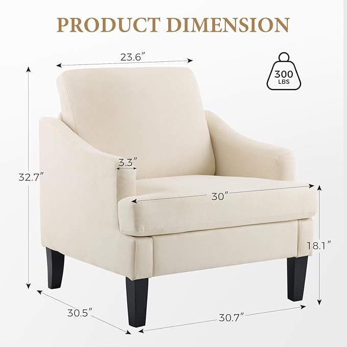 Bezseller Modern Accent Chair Comfy Upholstered Living Room Chairs Cozy Mid-Century Armchair with Wood Legs Single Sofa Chair for Living Room Bedroom Apartment Reading Spaces Beige