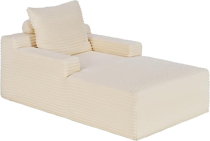 VanAcc 65 Chaise Lounge Sofa Luxury Corduroy Sleeper Chaise with Armrests and Throw Pillows No-Assembly Couch for Living Room or Apartment White