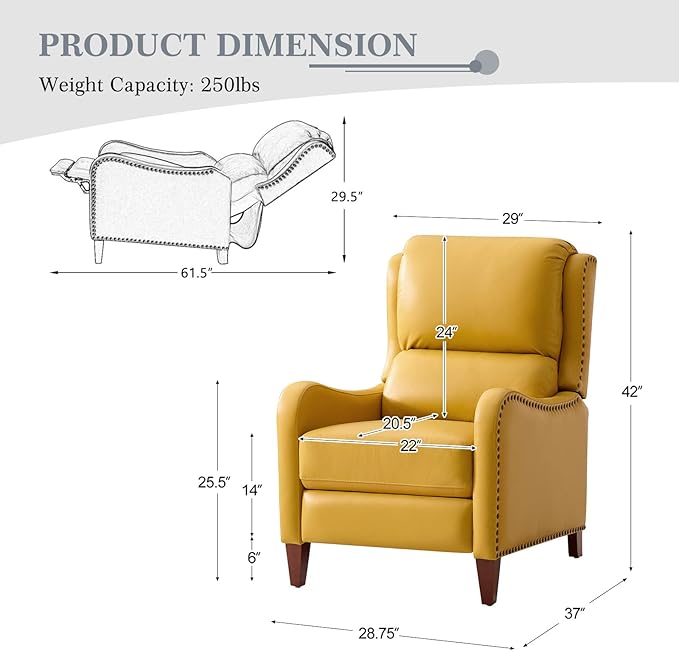 HULALA HOME Genuine Leather Recliner Chair Modern Push Back Recliner Armchair with Thick Seat Backrest &amp Footrest Nailhead Decor for Living Room Bedroom Yellow