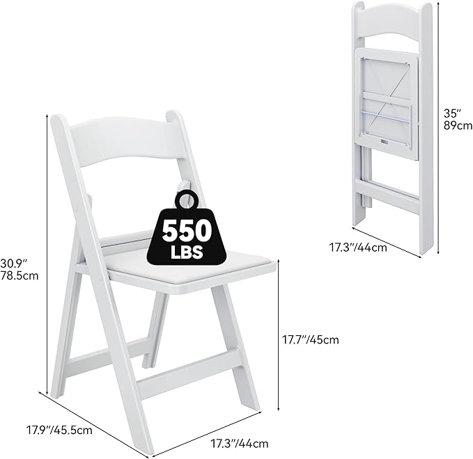 YITAHOME White Folding Chairs Set of 8 Sturdy Resin Folding Chairs with Padded Seat for Extra Comfort (550 lbs) Stackable White Chairs for Events Weddings Parties Picnics Yoga