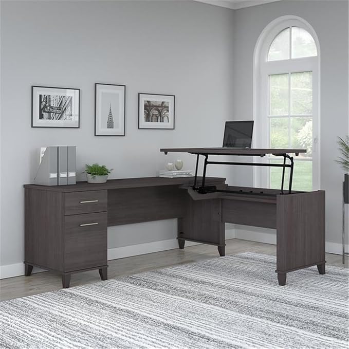 Pemberly Row 72W L Shaped Sit to Stand Desk Storm Gray Finish Lift-n-Lock Adjustable Heights File Drawer and Box Drawer Wire Management Ergonomic Office Desk for Home or Workspace