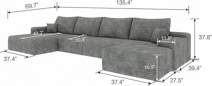 135 U Shaped Sectional Couches for Living Room Oversized Modular Sofa with Ottoman and L-Shape Couch Deep Seat Cloud Boneless Couch with Chaise No Assembly Required