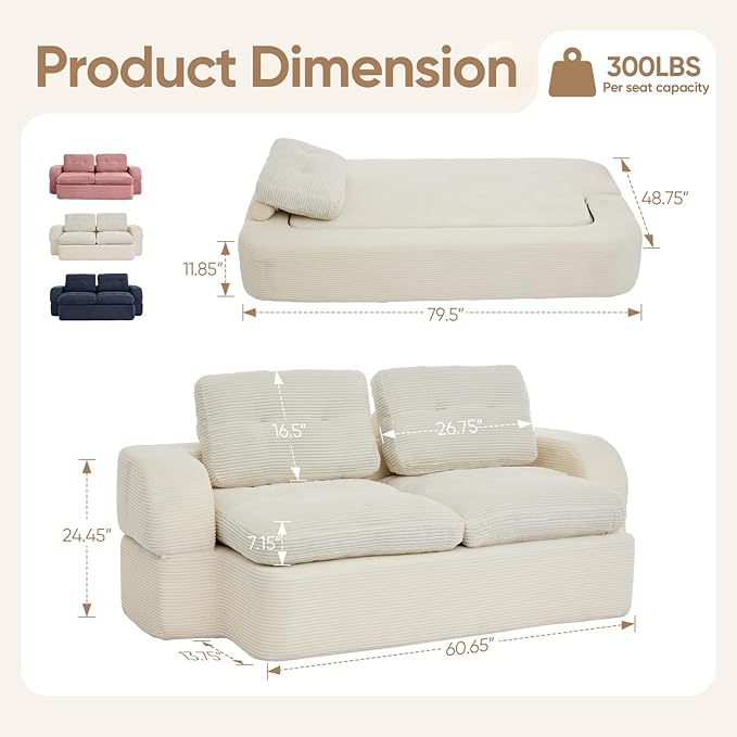 Sofa Bed Couch Convertible Futon Sofa Bed Foldable Boneless Couch No Assembly Love Seat Mattress Sleeper for Living Room Bedroom Apartment Beige