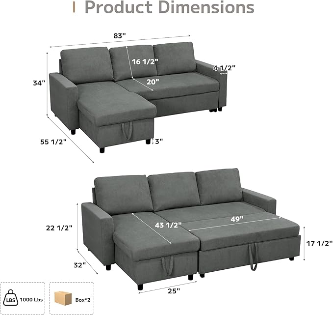 L-Shaped Sleeper Sofa with Chaise Lounge &amp Storage Pull-Out Couch Bed with Recliner Full Size Futon for Living Room Office Apartment Dark Grey
