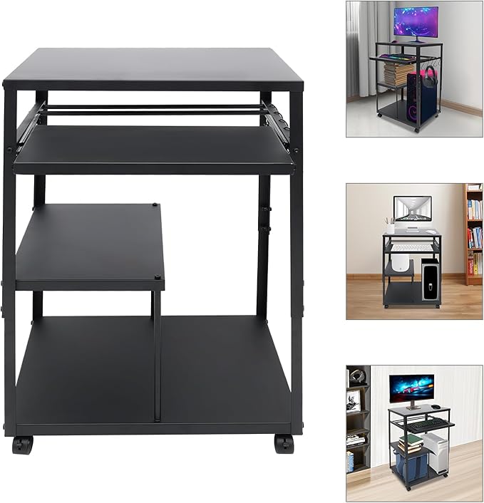 Computer Desk 4 Tiers Steel Freestanding Home Office Desks Adjustable Height 30.7-41.3inch Computer Desk with Four 360° Swivel Wheels and 5 Hooks for Conference Rooms Classrooms Libraries