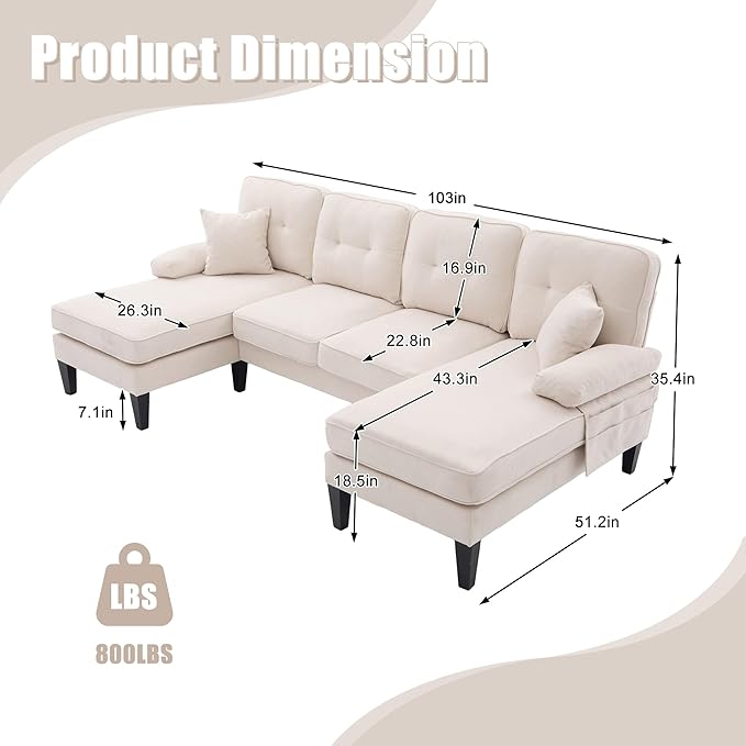100'' U-Shaped Sectional Sofa with Double Chaise Minimalist 4-Seater Couch with 2 Pillows Sofa Set with Arm &amp 2 Side Pocket for Living Room Apartment (Beige)