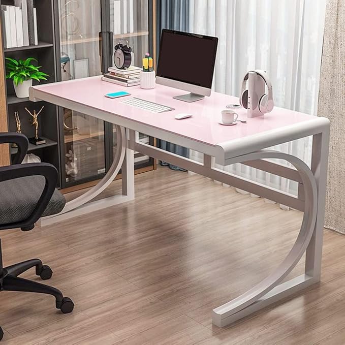 LITFAD Modern Office Desk Tempered Glass Desktop Computer Desk Home Office Study Desk with Metal Legs - 31.5 L x 23.6 W x 29.5 H White Base &amp Pink Table Top Without Chairs
