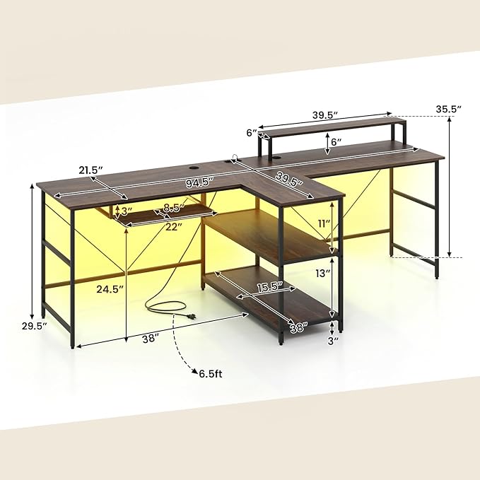 Tangkula 2-Person Reversible Computer Desk with LED Lights 94.5” Long Office Desk with Power Outlets Monitor Stand Keyboard Tray &amp 2 Storage Shelves Double Desk for Gaming Working Writing (Wal