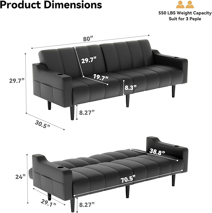 Brelice 80'' Leather Couch Futon Sofa Bed Faux Leather Couch with Adjustable Backrest 2 Cup Holders &amp Side Pockets Mid Century Modern Sofa for Living Room Bedroom Black