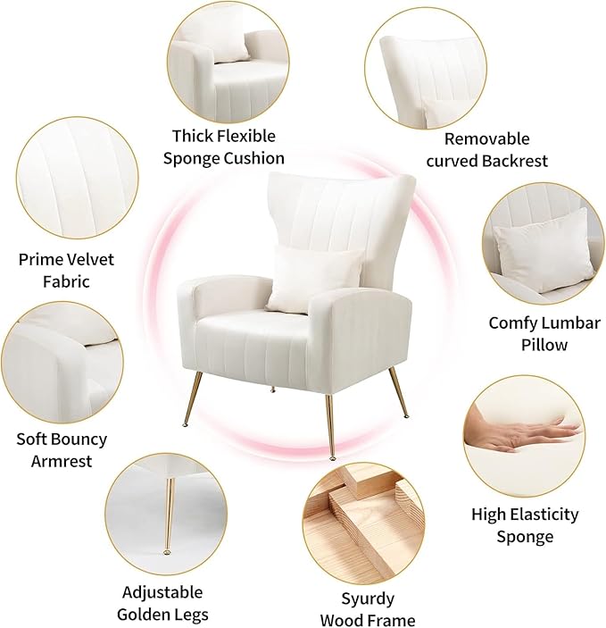 Velvet Accent Chairs Set of 2 Modern Living Room Chair with Gold Legs &amp Pillow Bedroom Side Chair with High Wingback White