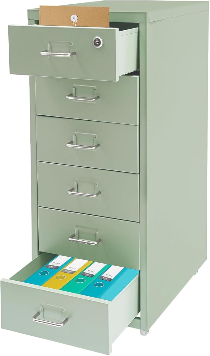 6 Drawer File Cabinet Metal Mobile Office Filing Organizer Vertical Lockable Office Filing Cabinet Heavy-duty Steel File Storage Cabinet with Keys and Wheels for Study Office Living Room (Green)