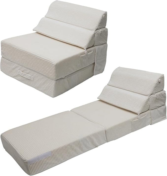 Cozy Folding Sofa Bed Convertible Sleeper Chair Couch Foldable Floor Mattress Comfy Portable Floor Sofa Lounge for Living Room Bedroom(77x26Beige White30D Density Foam) | Breathable Material