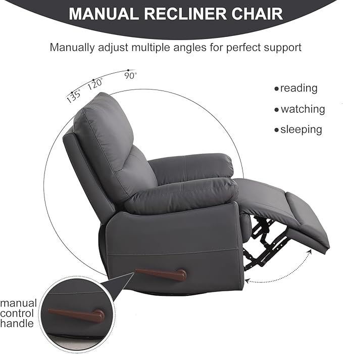 Manual Recliner Chair with Lever Handle 360° Swivel Elderly Rocker Recliner Chairs Single Seat upholstered Recliner Sofa Chair for Living Room Apartment (Dark Grey)
