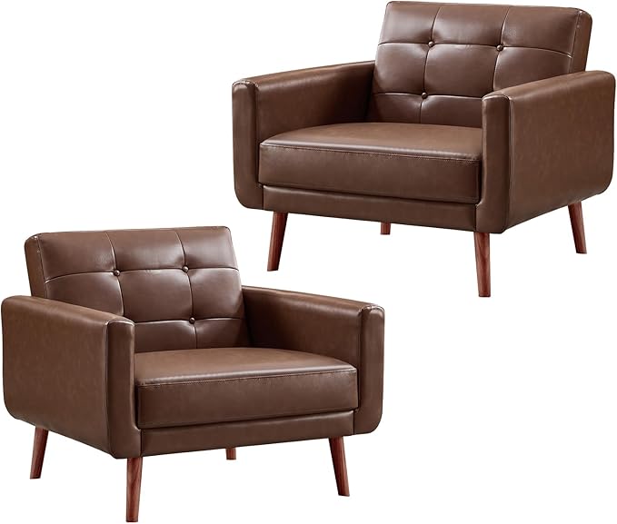CANMOV 29 W Oversized Leather Accent Chair Set of 2 Mid Century Modern Accent Chairs Armchair Button Back for Living Room Modern Upholstered Bedroom Chair Cozy Armchair with Wood Legs Brown